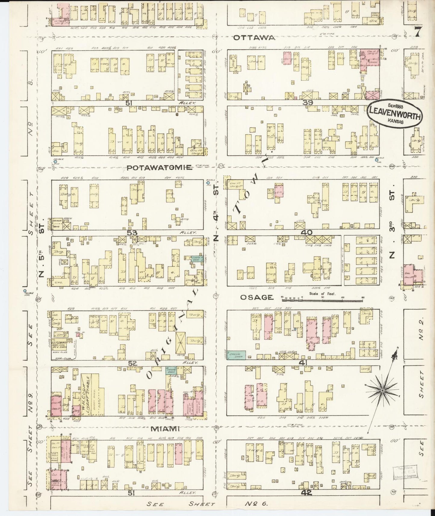 Sanborn Fire Insurance Map from Leavenworth, Leavenworth County, Kansas (1883), Sheet #0007 - Historic Sanborn Fire Insurance Map Print, vintage old map wall art, antique decor, genealogy gift, Kansas Kansas map