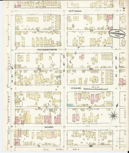 Sanborn Fire Insurance Map from Leavenworth, Leavenworth County, Kansas (1883), Sheet #0007 - Historic Sanborn Fire Insurance Map Print, vintage old map wall art, antique decor, genealogy gift, Kansas Kansas map