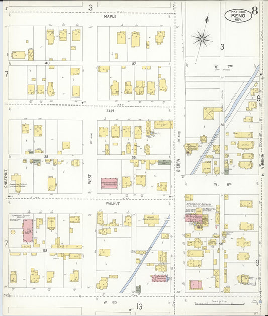 Sanborn Fire Insurance Map from Reno, Washoe County, Nevada (1904), Sheet #0008 - Historic Sanborn Fire Insurance Map Print, vintage old map wall art, antique decor, genealogy gift, Nevada Nevada map