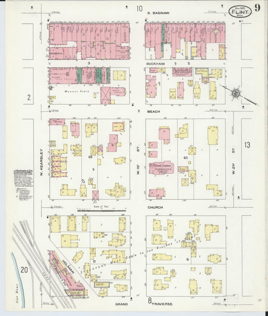 Sanborn Fire Insurance Map from Flint, Genesee County, Michigan (1909), Sheet #0009 - Historic Sanborn Fire Insurance Map Print, vintage old map wall art, antique decor, genealogy gift, Michigan Michigan map