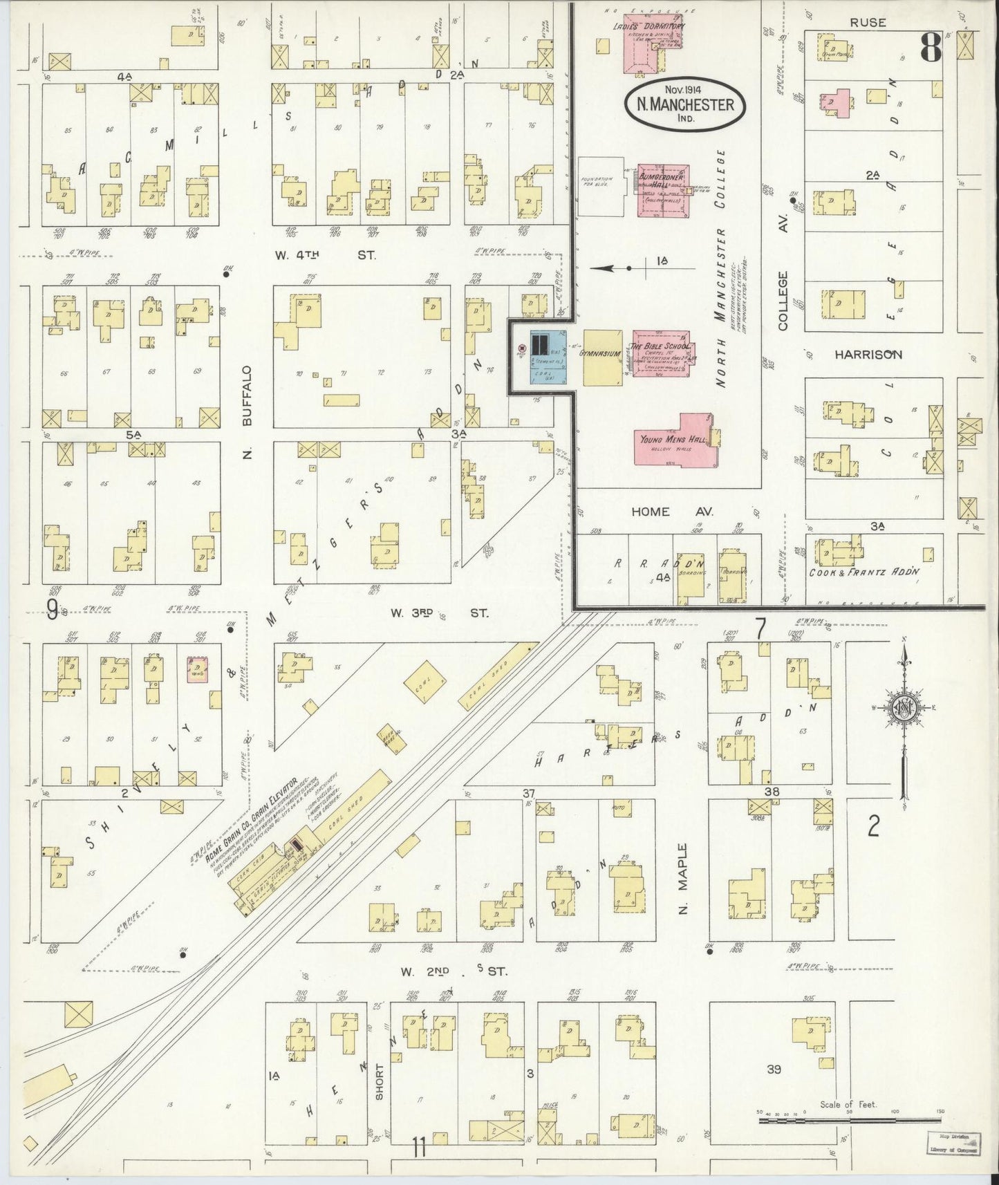 Sanborn Fire Insurance Map from North Manchester, Wabash County, Indiana (1914), Sheet #0008 - Complete Map Set gallery image, historic Sanborn map, vintage wall art, Indiana Indiana