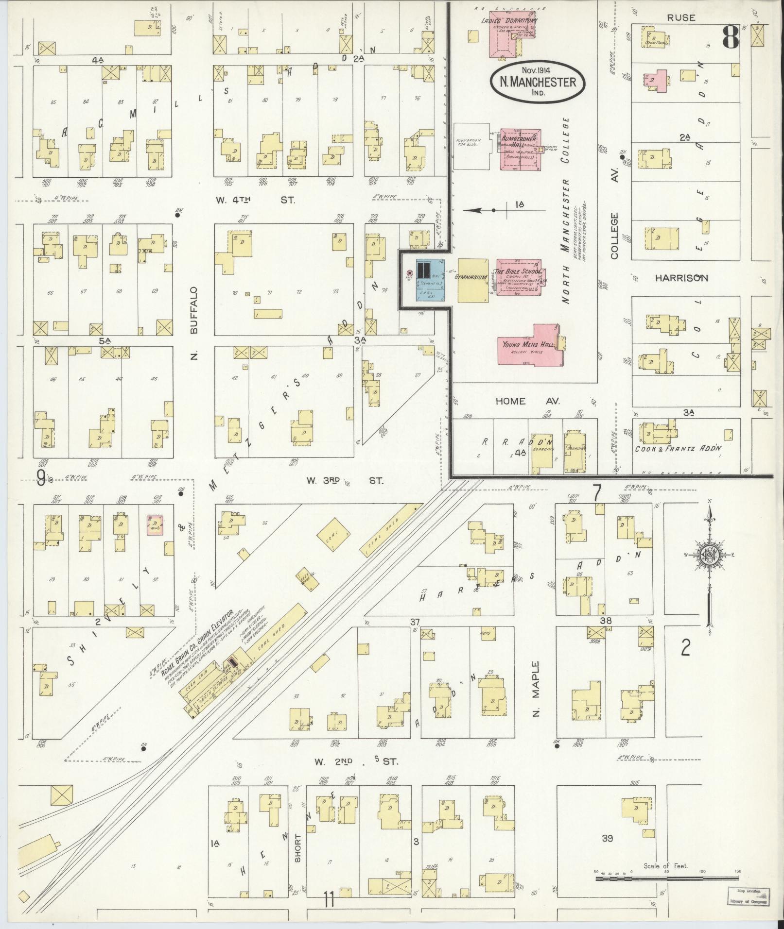 Sanborn Fire Insurance Map from North Manchester, Wabash County, Indiana (1914), Sheet #0008 - Complete Map Set gallery image, historic Sanborn map, vintage wall art, Indiana Indiana