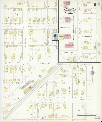 Sanborn Fire Insurance Map from North Manchester, Wabash County, Indiana (1914), Sheet #0008 - Complete Map Set gallery image, historic Sanborn map, vintage wall art, Indiana Indiana
