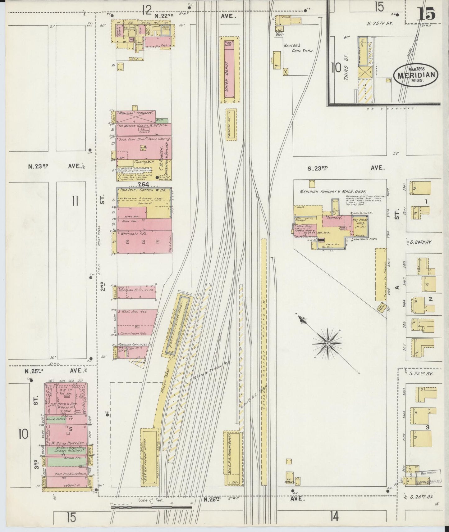 Sanborn Fire Insurance Map from Meridian, Lauderdale County, Mississippi (1898), Sheet #0015 - Complete Map Set gallery image, historic Sanborn map, vintage wall art, Mississippi Mississippi