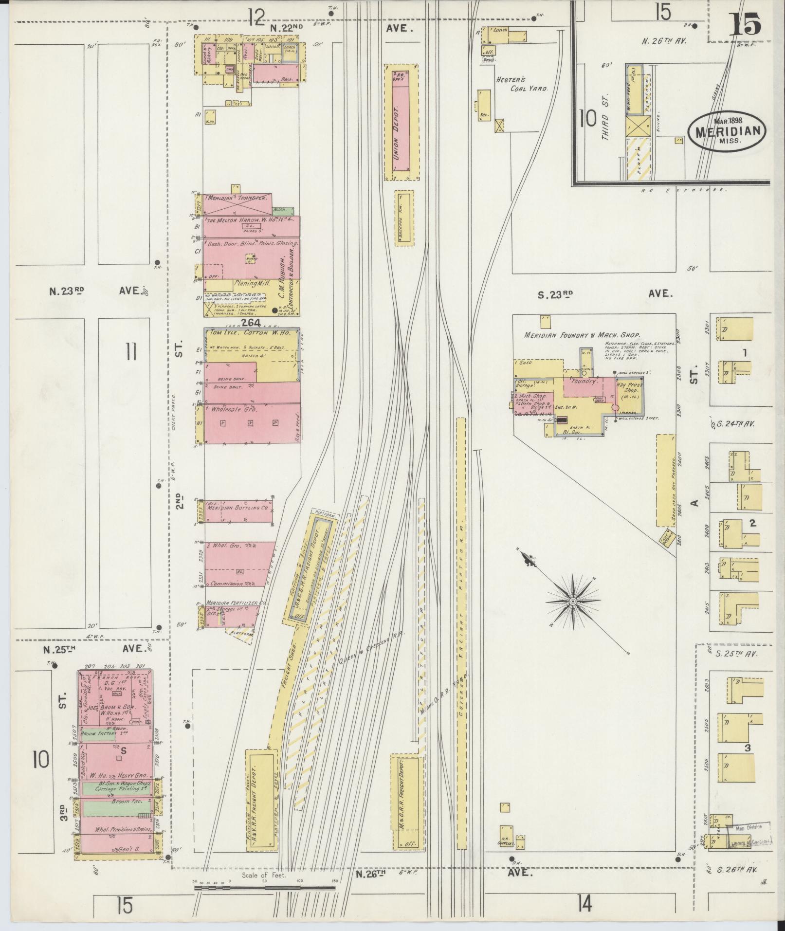 Sanborn Fire Insurance Map from Meridian, Lauderdale County, Mississippi (1898), Sheet #0015 - Complete Map Set gallery image, historic Sanborn map, vintage wall art, Mississippi Mississippi