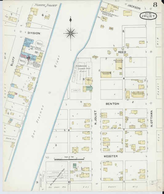 Sanborn Fire Insurance Map from Joliet, Will County, Illinois (1891), Sheet #0008 - Historic Sanborn Fire Insurance Map Print, vintage old map wall art, antique decor, genealogy gift, Illinois Illinois map
