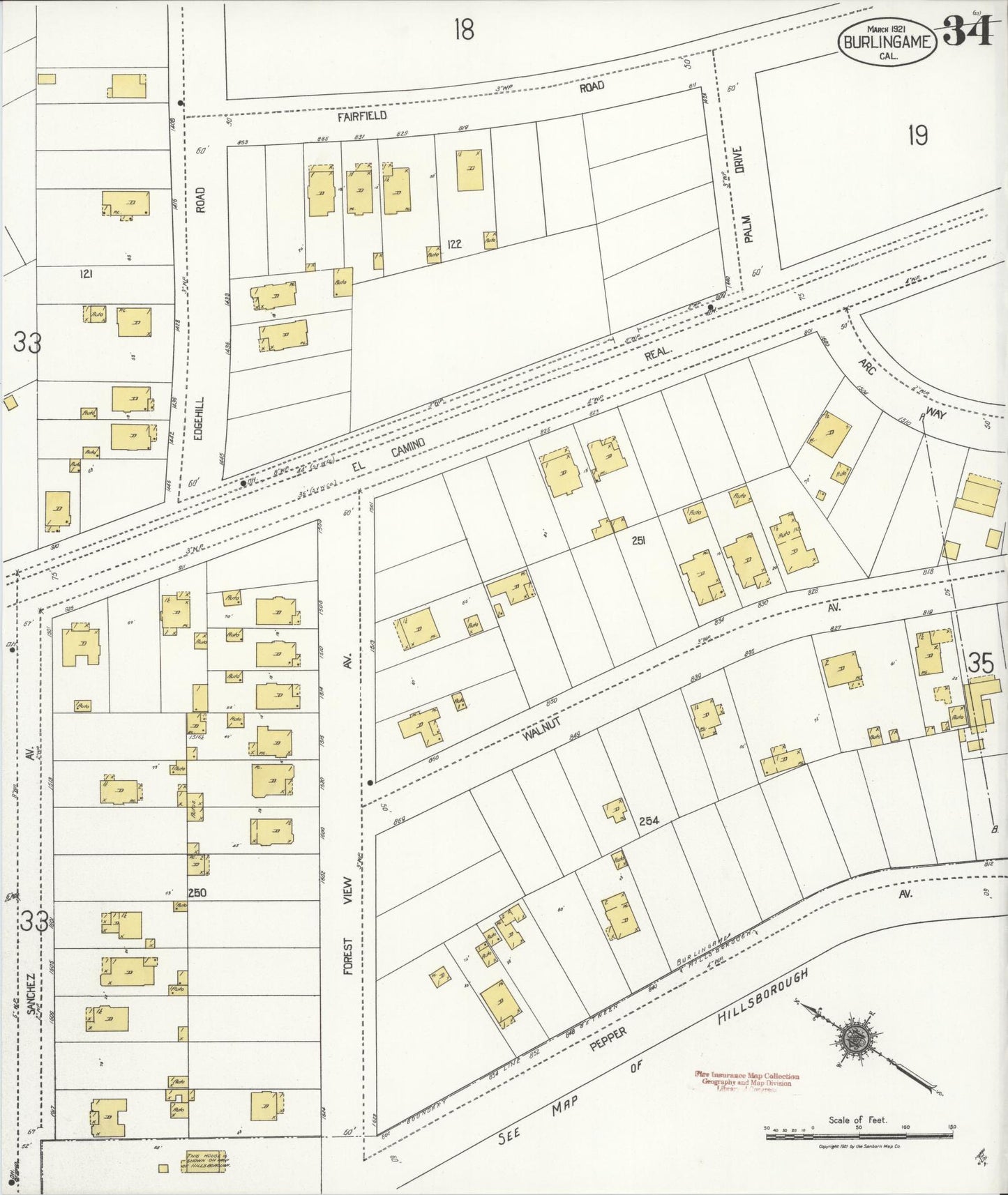 Sanborn Fire Insurance Map from Burlingame, San Mateo County, California (1921), Sheet #0034 - Historic Sanborn Fire Insurance Map Print, vintage old map wall art, antique decor, genealogy gift, California California map