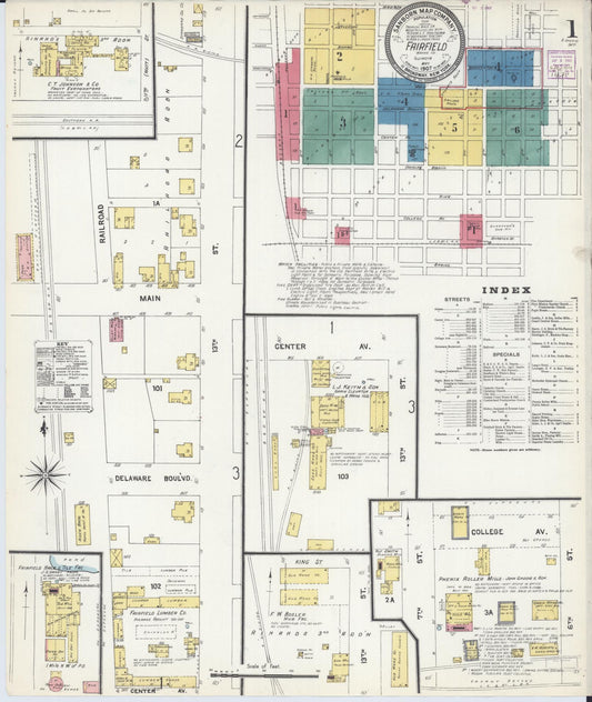 Sanborn Fire Insurance Map from Fairfield, Wayne County, Illinois (1907), Sheet #0001 - Complete Map Set gallery image, historic Sanborn map, vintage wall art, Illinois Illinois