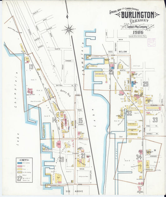 Sanborn Fire Insurance Map from Burlington, Chittenden County, Vermont (1906), Sheet #0001 - Historic Sanborn Fire Insurance Map Print, vintage old map wall art, antique decor, genealogy gift, Vermont Vermont map