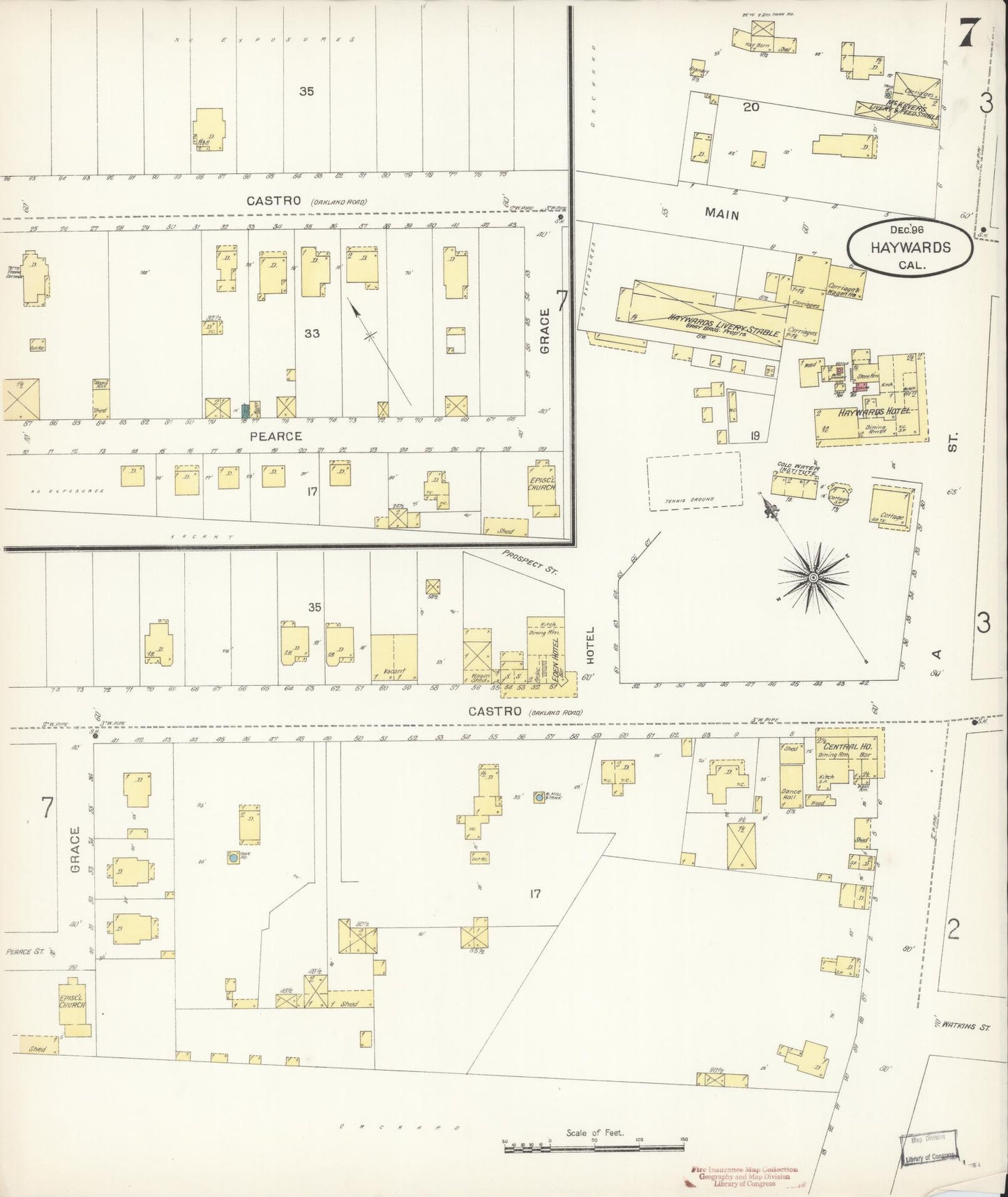 Sanborn Fire Insurance Map from Hayward, Alameda County, California (1896), Sheet #0007 - Complete Map Set gallery image, historic Sanborn map, vintage wall art, California California
