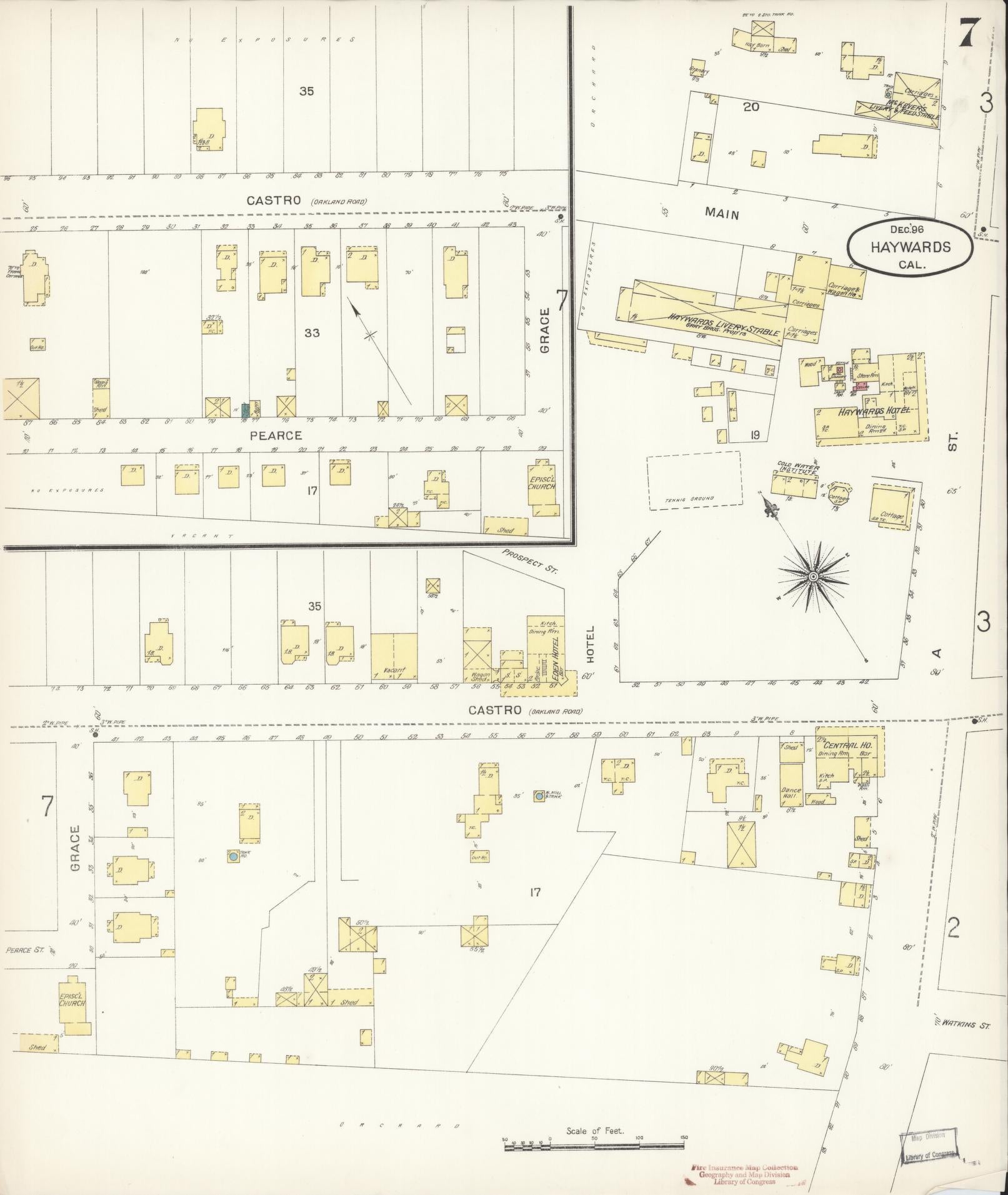 Sanborn Fire Insurance Map from Hayward, Alameda County, California (1896), Sheet #0007 - Complete Map Set gallery image, historic Sanborn map, vintage wall art, California California