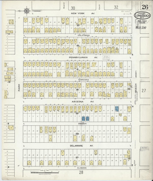 Sanborn Fire Insurance Map from Long Beach, Nassau County, New York (1914), Sheet #0026 - Historic Sanborn Fire Insurance Map Print, vintage old map wall art, antique decor, genealogy gift, New York New York map