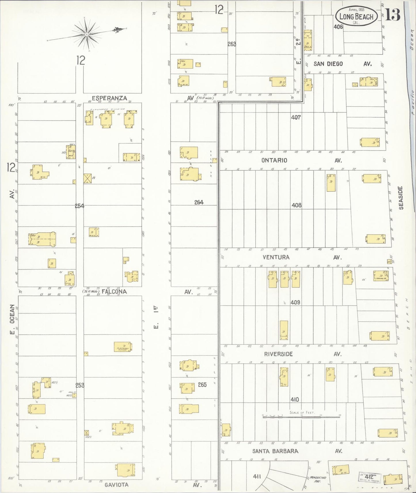 Sanborn Fire Insurance Map from Long Beach, Los Angeles County, California (1905), Sheet #0013 - Complete Map Set gallery image, historic Sanborn map, vintage wall art, California California