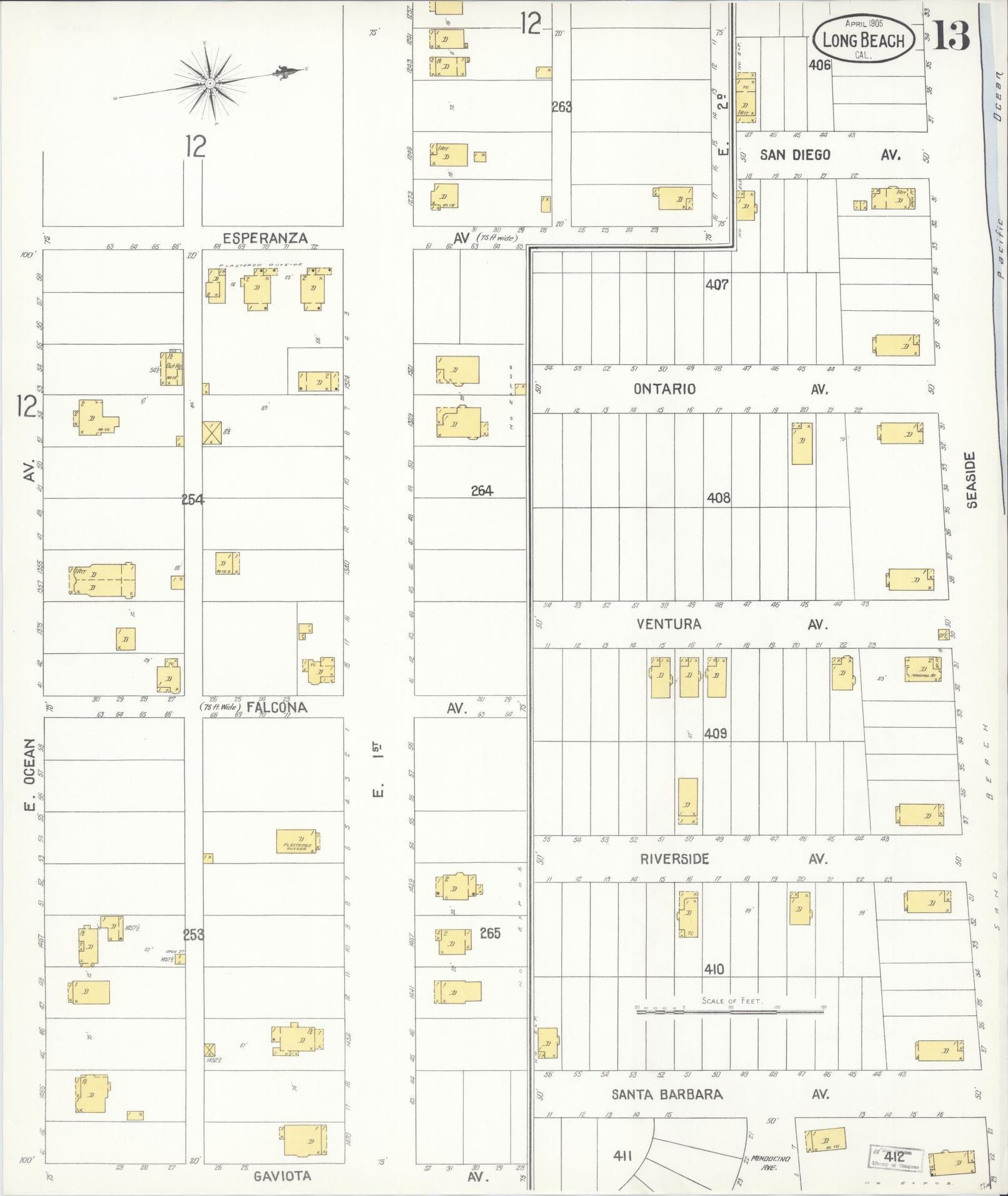 Sanborn Fire Insurance Map from Long Beach, Los Angeles County, California (1905), Sheet #0013 - Complete Map Set gallery image, historic Sanborn map, vintage wall art, California California