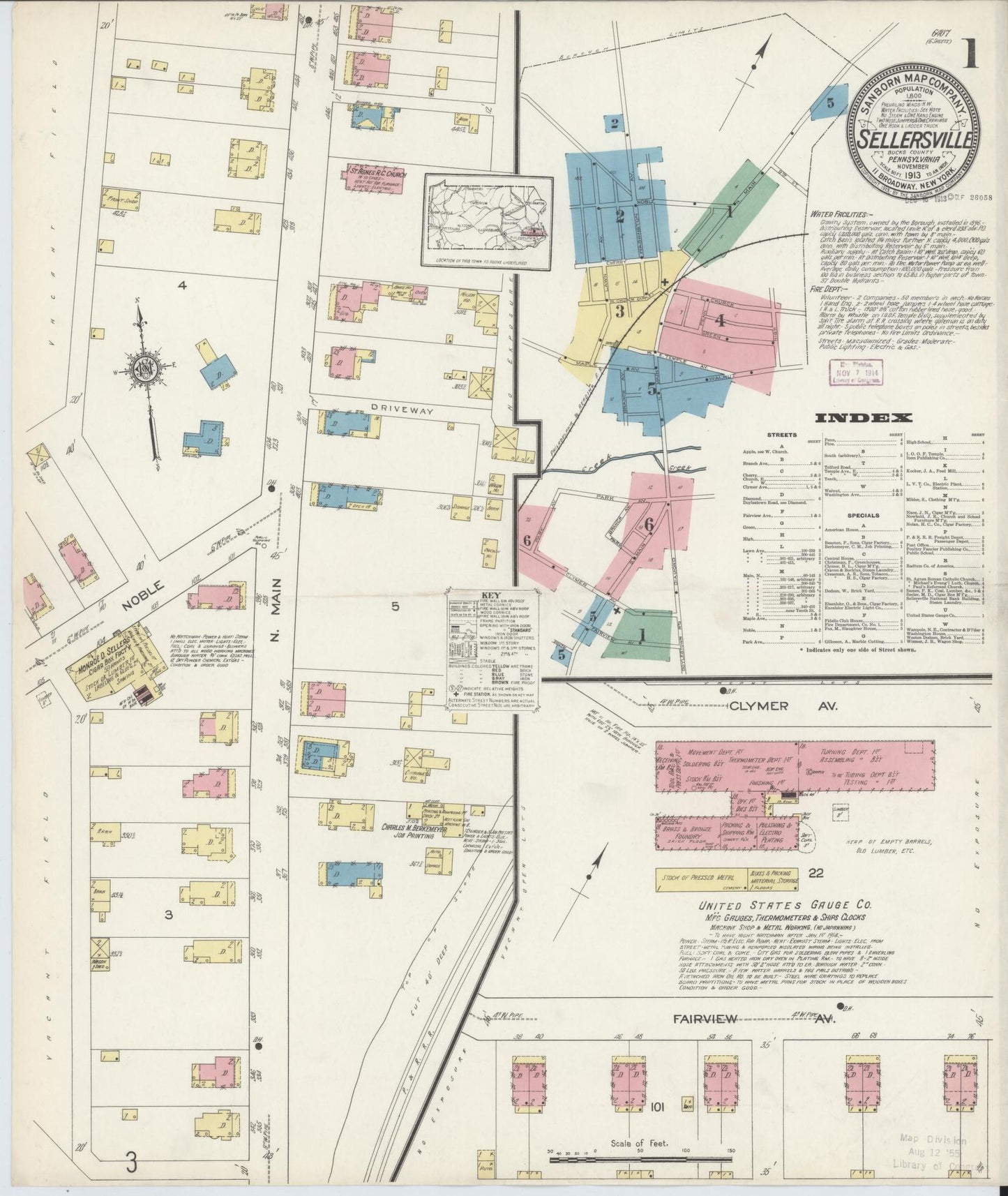 Sanborn Fire Insurance Map from Sellersville, Bucks County, Pennsylvania (1913), Sheet #0001 - Complete Map Set gallery image, historic Sanborn map, vintage wall art, Pennsylvania Pennsylvania
