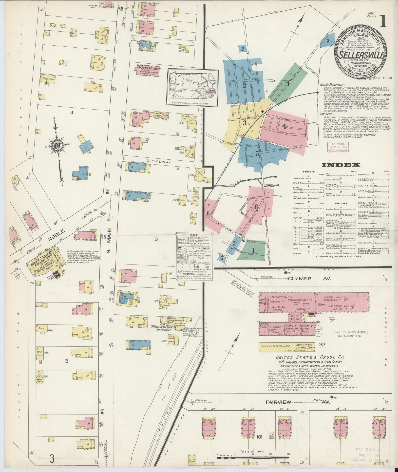 Sanborn Fire Insurance Map from Sellersville, Bucks County, Pennsylvania (1913), Sheet #0001 - Complete Map Set gallery image, historic Sanborn map, vintage wall art, Pennsylvania Pennsylvania