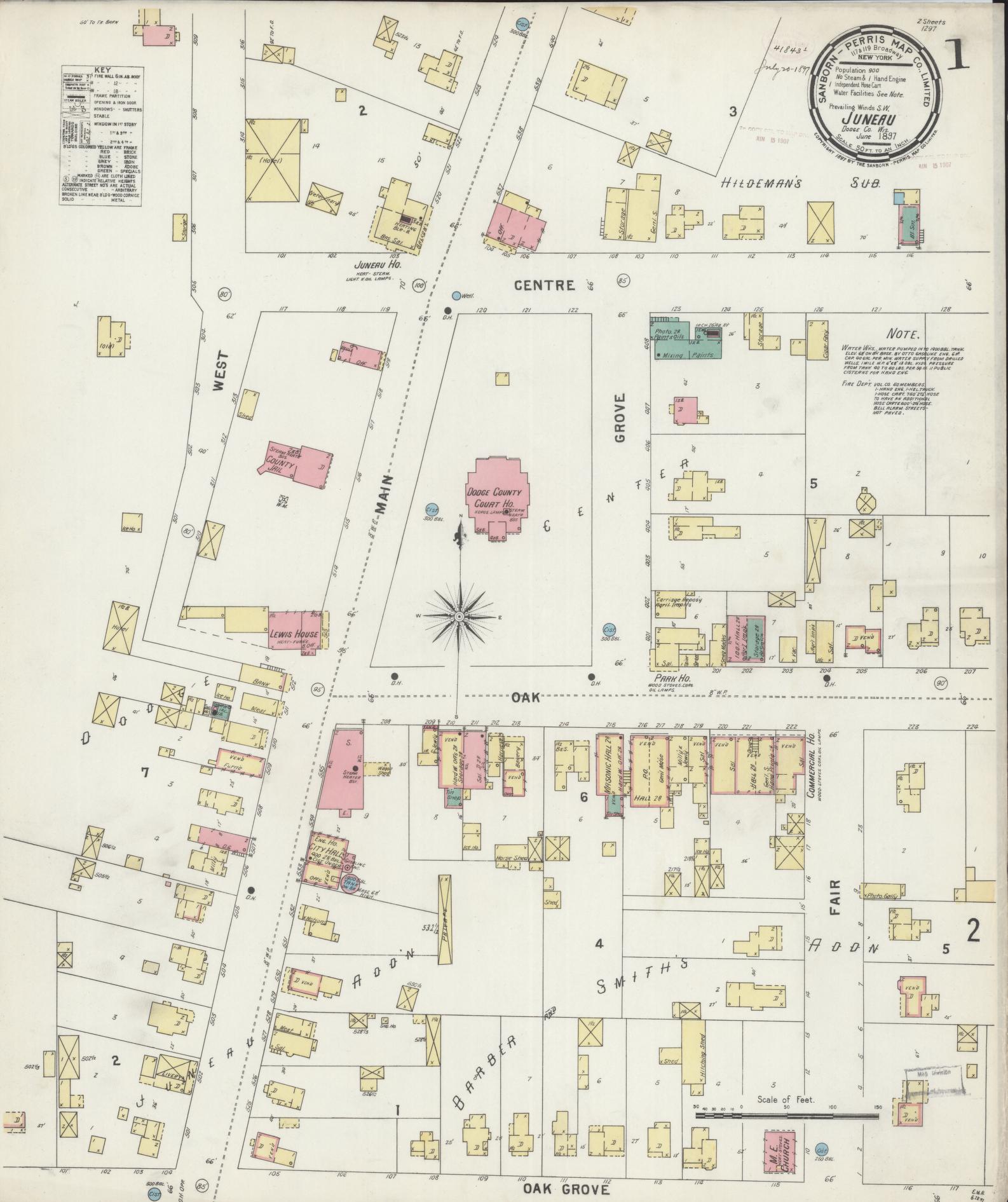 Sanborn Fire Insurance Map from Juneau, Dodge County, Wisconsin (1897), Sheet #0001 - Complete Map Set gallery image, historic Sanborn map, vintage wall art, Wisconsin Wisconsin