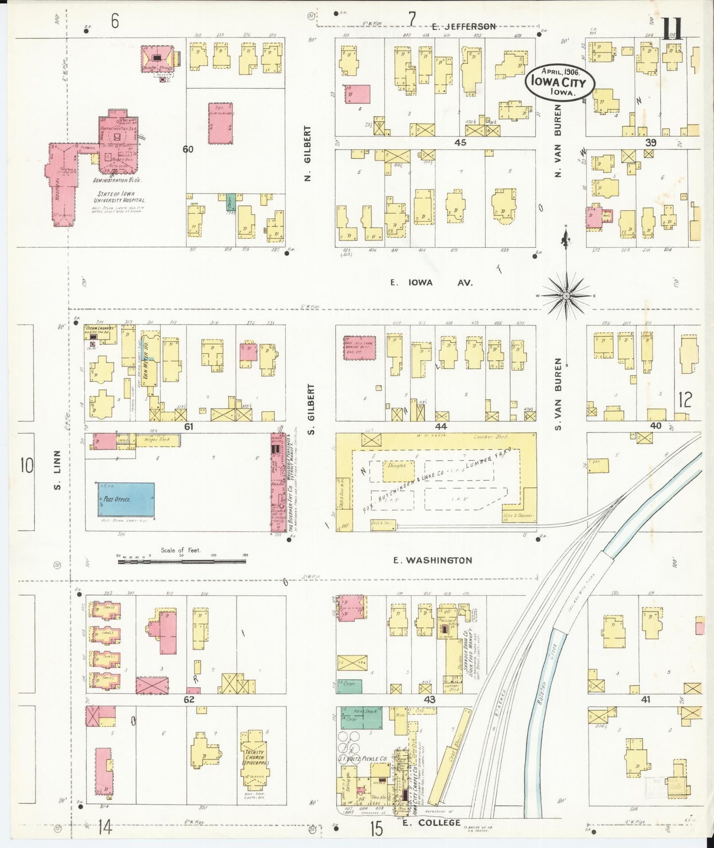 Sanborn Fire Insurance Map from Iowa City, Johnson County, Iowa (1906), Sheet #0011 - Historic Sanborn Fire Insurance Map Print, vintage old map wall art