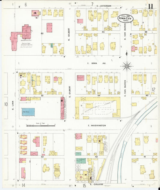 Sanborn Fire Insurance Map from Iowa City, Johnson County, Iowa (1906), Sheet #0011 - Historic Sanborn Fire Insurance Map Print, vintage old map wall art