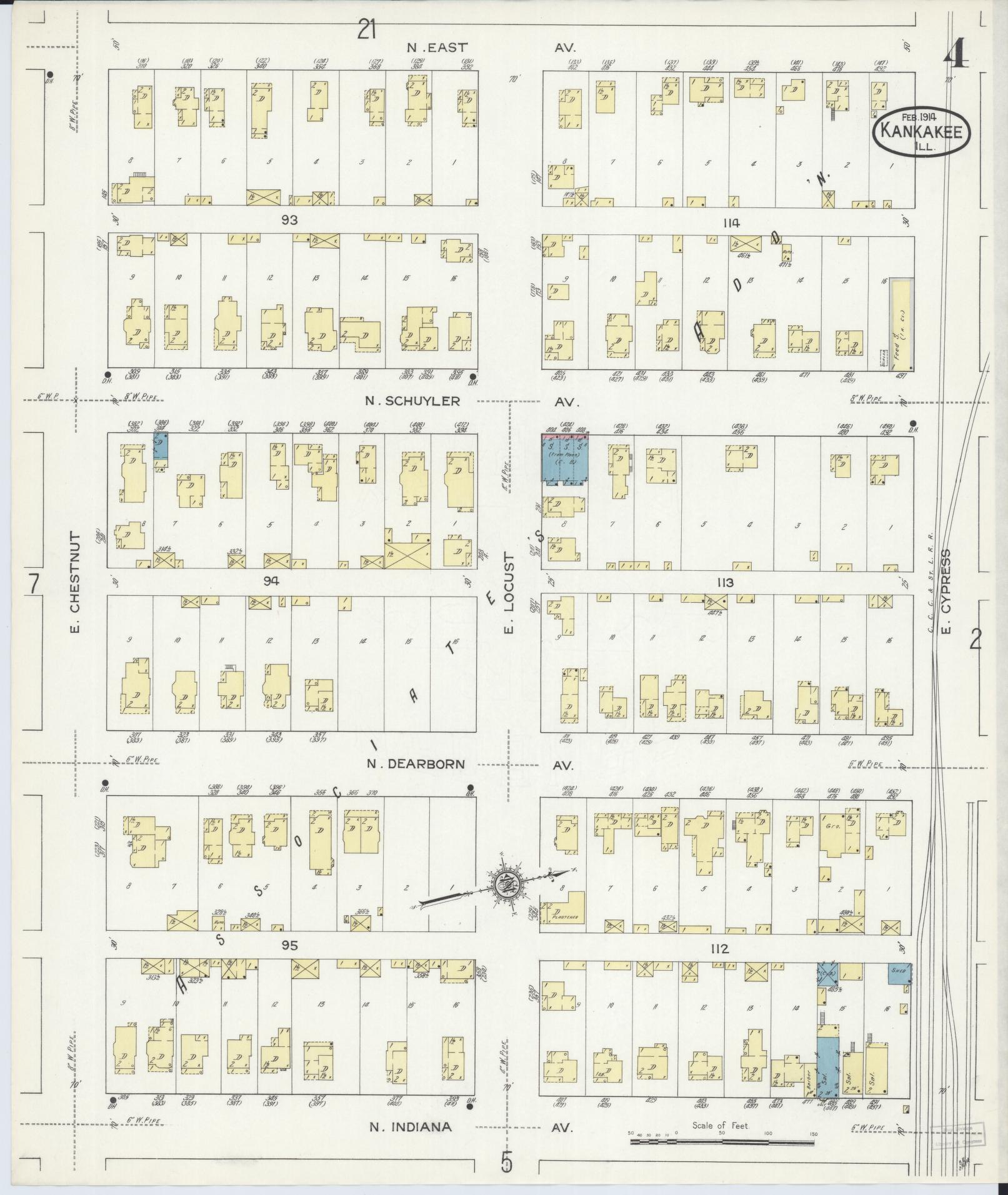 Sanborn Fire Insurance Map from Kankakee, Kankakee County, Illinois (1914), Sheet #0004 - Historic Sanborn Fire Insurance Map Print, vintage old map wall art, antique decor, genealogy gift, Illinois Illinois map