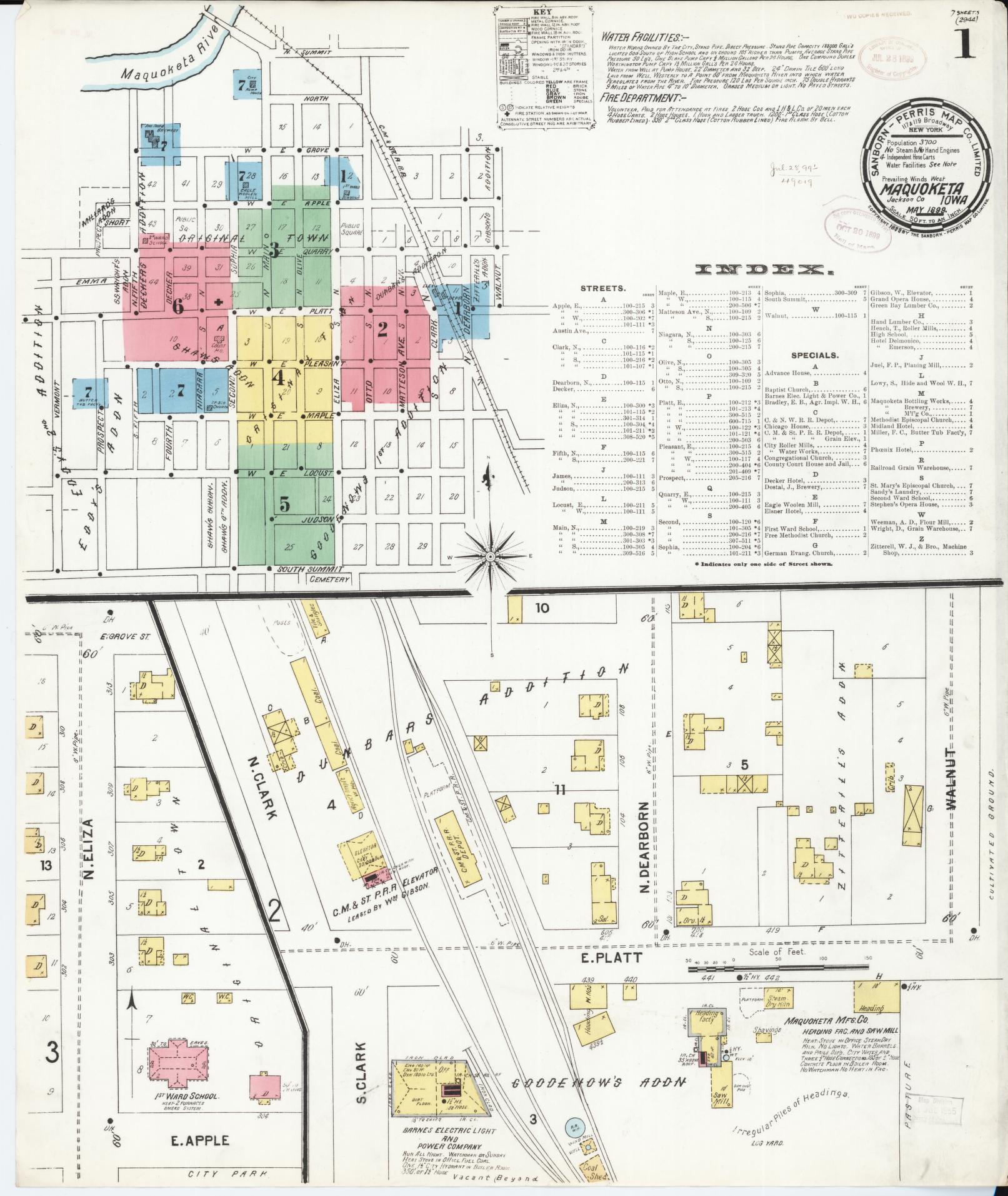 Sanborn Fire Insurance Map from Maquoketa, Jackson County, Iowa (1899), Sheet #0001 - Historic Sanborn Fire Insurance Map Print, vintage old map wall art