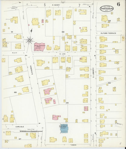 Sanborn Fire Insurance Map from Spartanburg, Spartanburg County, South Carolina (1908), Sheet #0006 - Complete Map Set gallery image, historic Sanborn map, vintage wall art, South Carolina South Carolina
