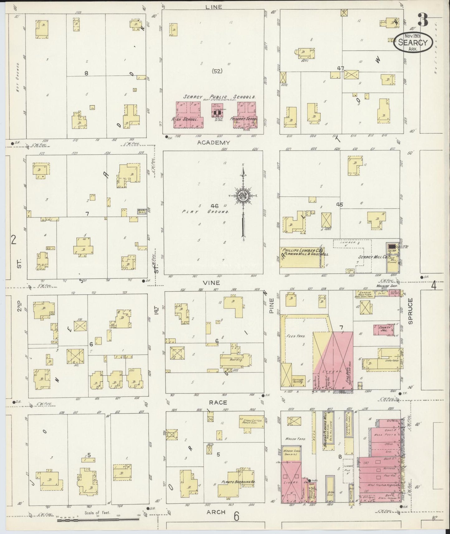 Sanborn Fire Insurance Map from Searcy, White County, Arkansas (1913), Sheet #0003 - Historic Sanborn Fire Insurance Map Print, vintage old map wall art, antique decor, genealogy gift, Arkansas Arkansas map