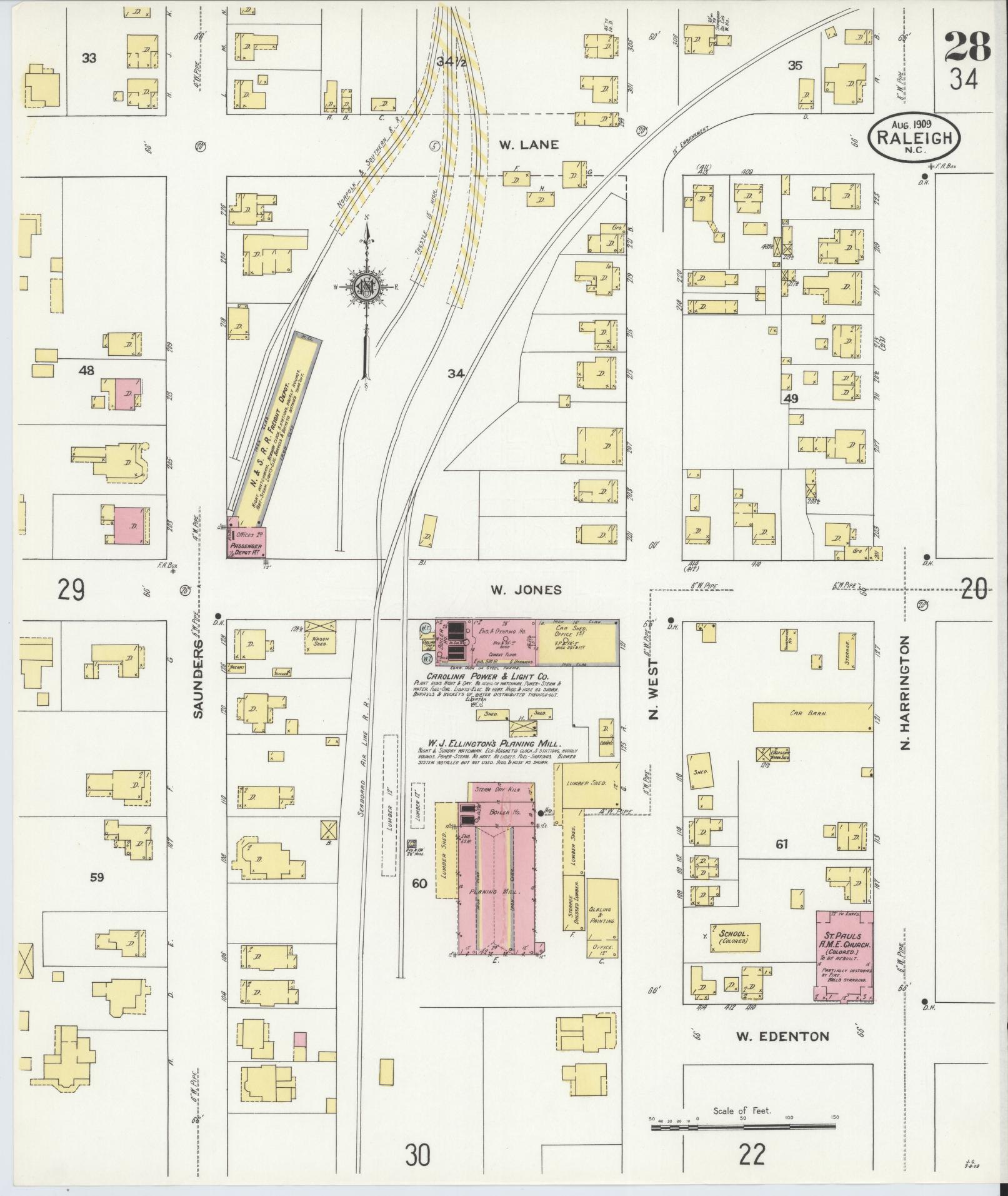 Sanborn Fire Insurance Map from Raleigh, Wake County, North Carolina (1909), Sheet #0028 - Complete Map Set gallery image, historic Sanborn map, vintage wall art, North Carolina North Carolina