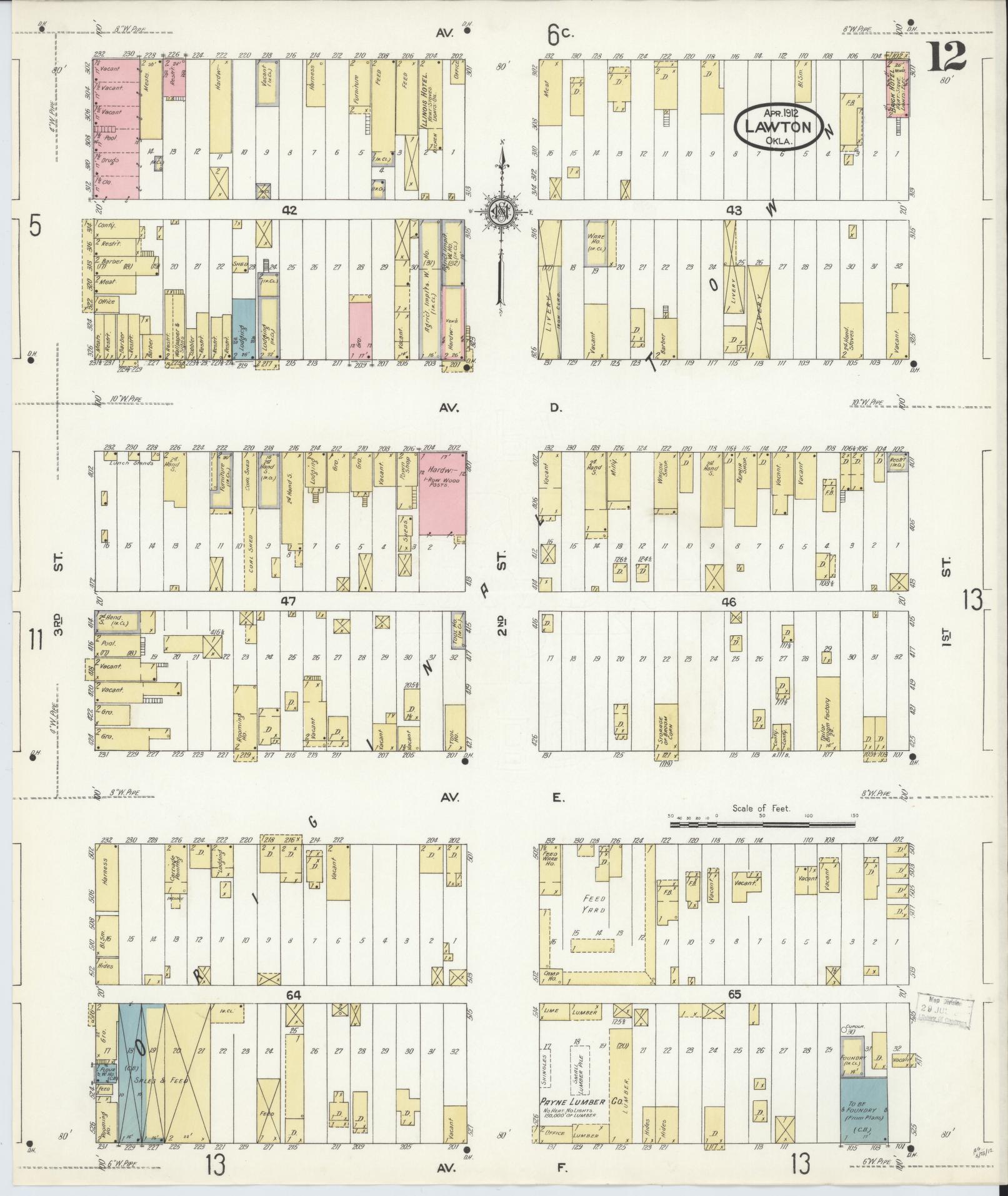 Sanborn Fire Insurance Map from Lawton, Comanche County, Oklahoma (1912), Sheet #0012 - Historic Sanborn Fire Insurance Map Print, vintage old map wall art, antique decor, genealogy gift, Oklahoma Oklahoma map