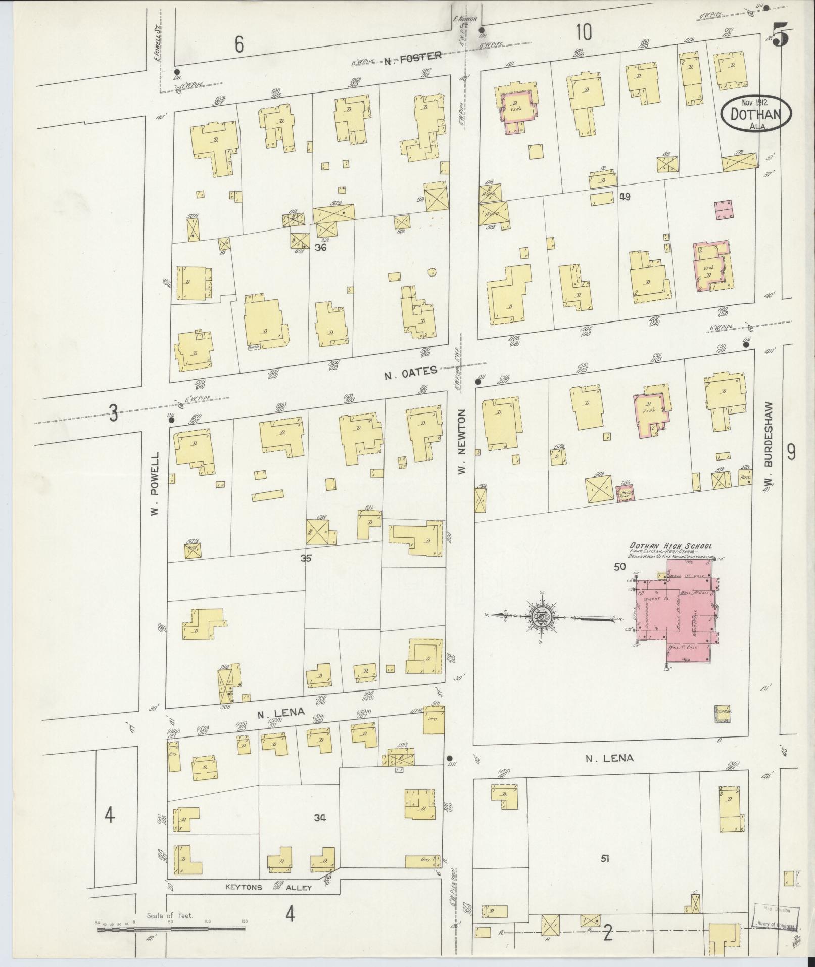 Sanborn Fire Insurance Map from Dothan, Houston County, Alabama (1912), Sheet #0005 - Complete Map Set gallery image, historic Sanborn map, vintage wall art, Alabama Alabama