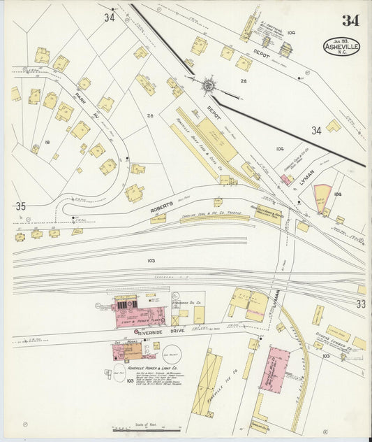 Sanborn Fire Insurance Map from Asheville, Buncombe County, North Carolina (1913), Sheet #0034 - Historic Sanborn Fire Insurance Map Print, vintage old map wall art, antique decor, genealogy gift, North Carolina North Carolina map