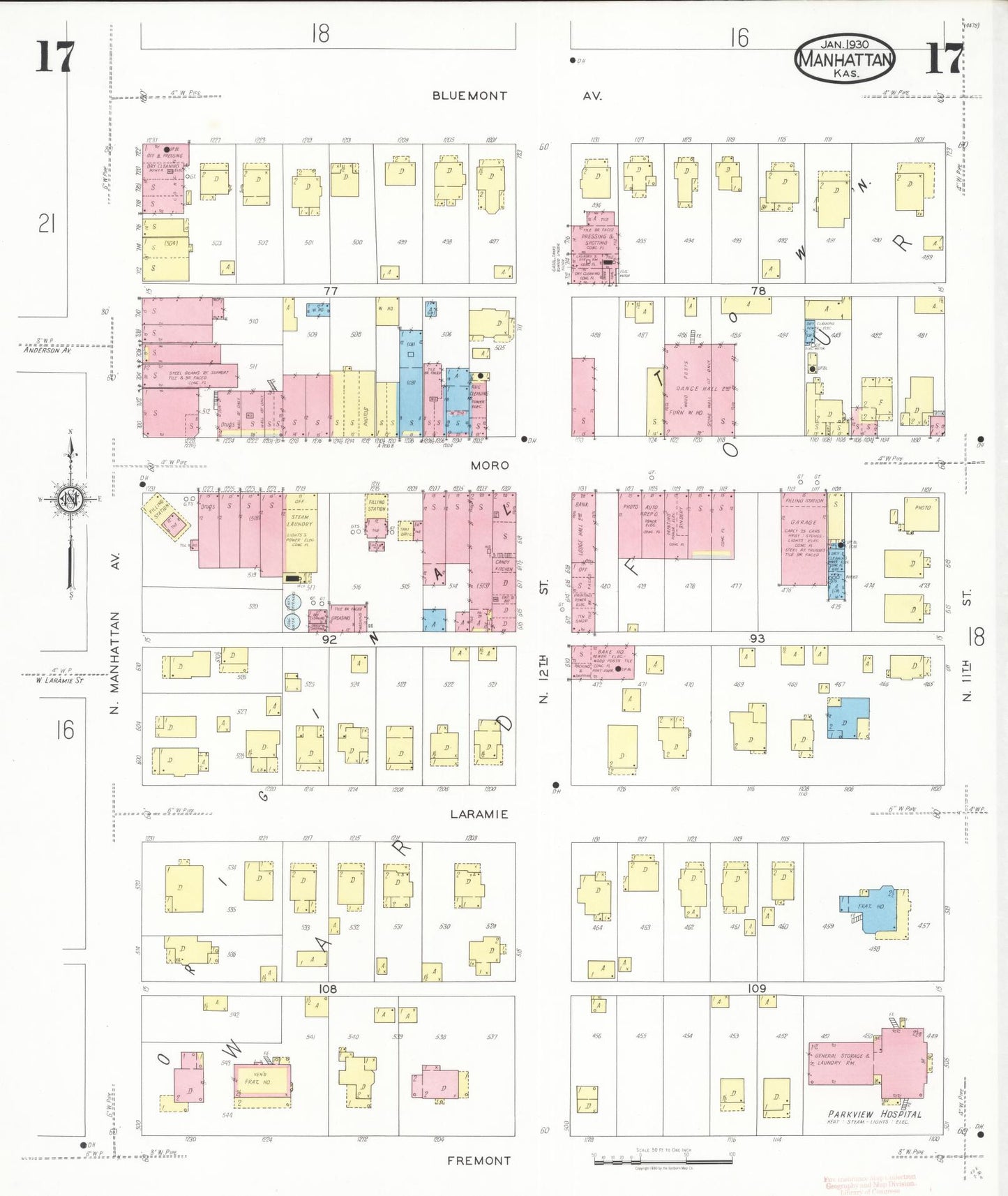 Sanborn Fire Insurance Map from Manhattan, Riley County, Kansas (1930), Sheet #0017 - Complete Map Set gallery image, historic Sanborn map, vintage wall art, Kansas Kansas
