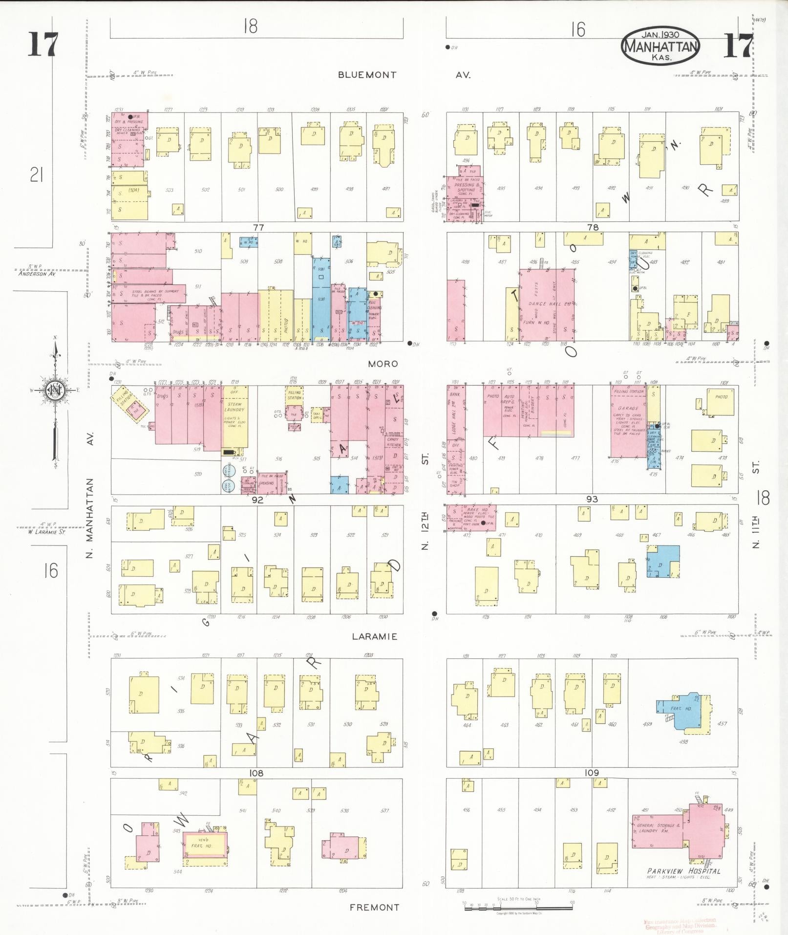 Sanborn Fire Insurance Map from Manhattan, Riley County, Kansas (1930), Sheet #0017 - Complete Map Set gallery image, historic Sanborn map, vintage wall art, Kansas Kansas