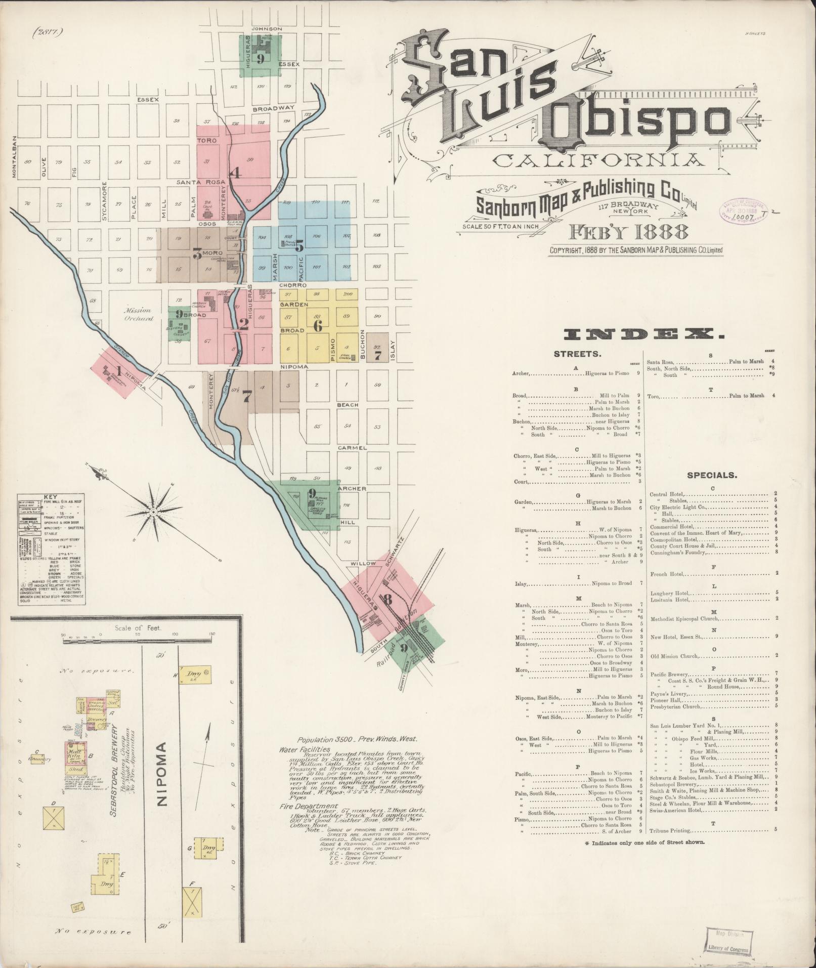 Sanborn Fire Insurance Map from San Luis Obispo, San Luis Obispo County, California (1888), Sheet #0001 - Complete Map Set gallery image, historic Sanborn map, vintage wall art, California California