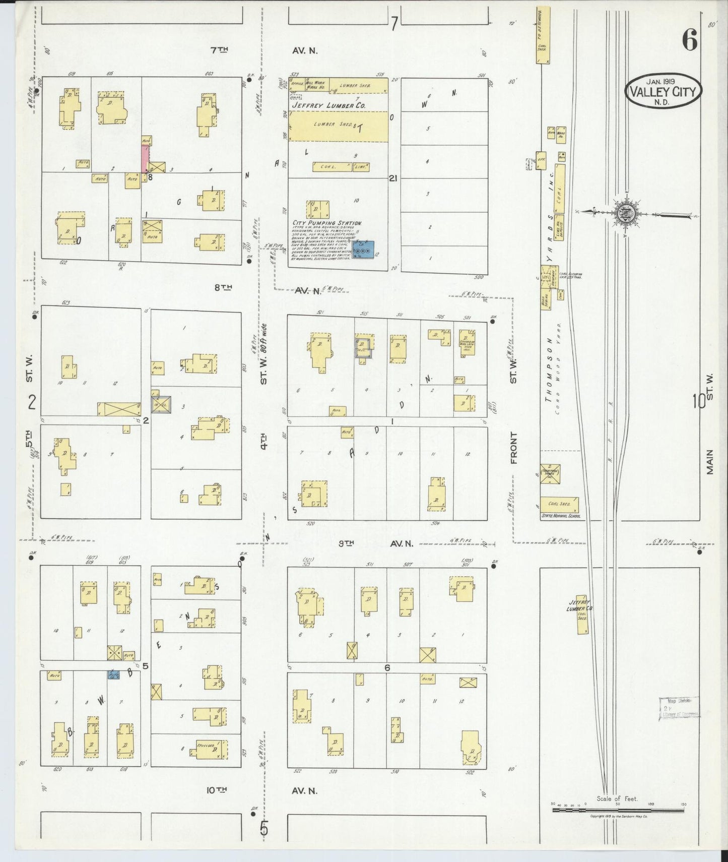 Sanborn Fire Insurance Map from Valley City, Barnes County, North Dakota (1919), Sheet #0006 - Historic Sanborn Fire Insurance Map Print, vintage old map wall art, antique decor, genealogy gift, North Dakota North Dakota map