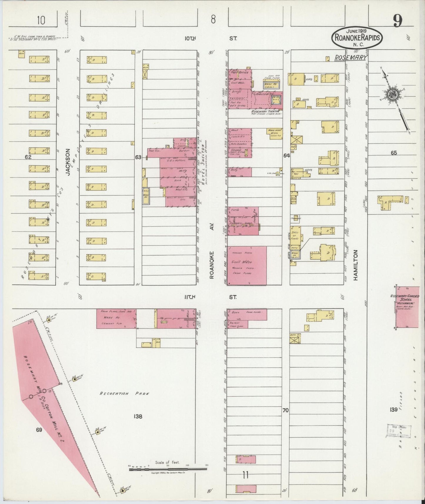 Sanborn Fire Insurance Map from Roanoke Rapids, Halifax County, North Carolina (1919), Sheet #0009 - Complete Map Set gallery image, historic Sanborn map, vintage wall art, North Carolina North Carolina