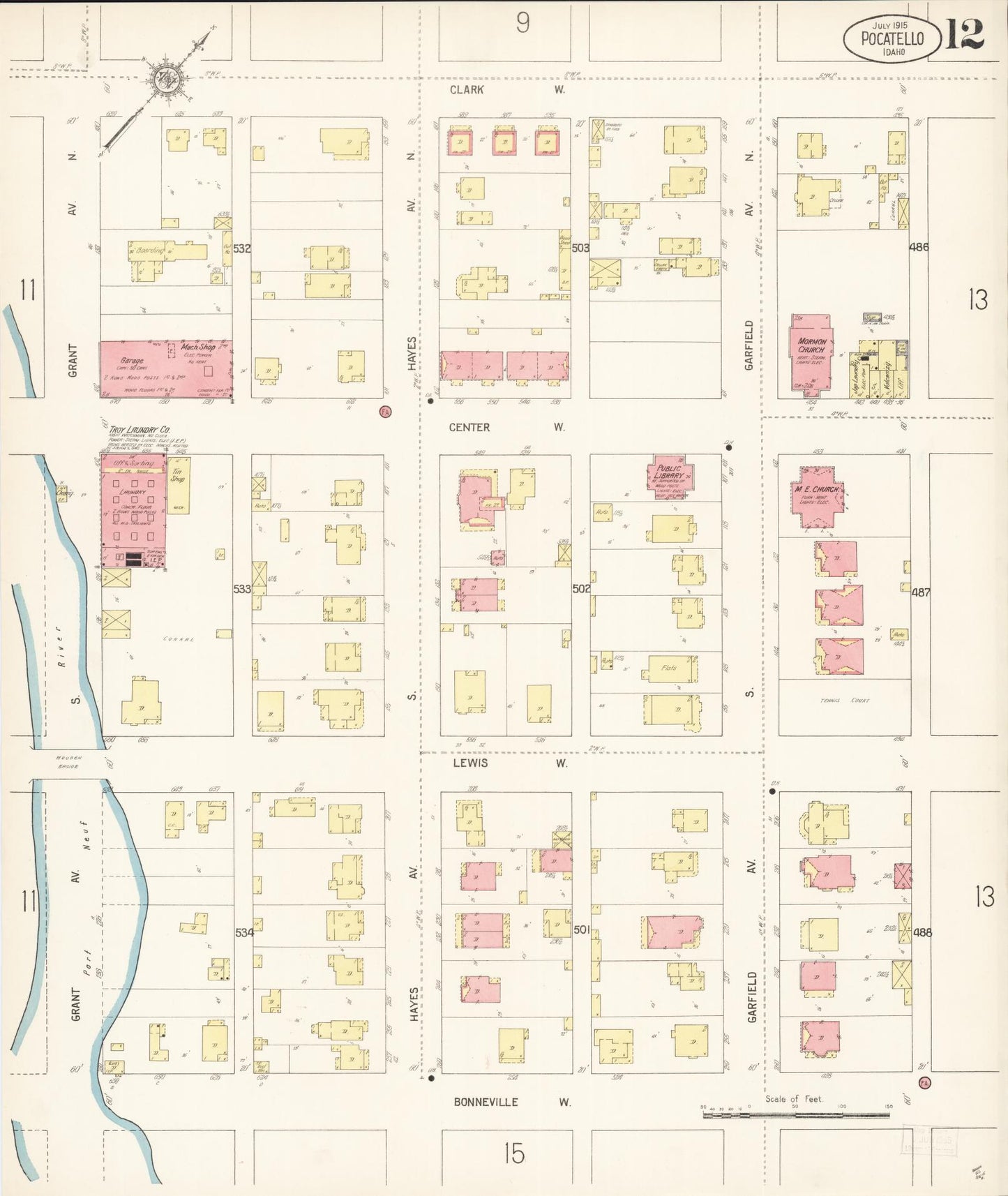 Sanborn Fire Insurance Map from Pocatello, Bannock County, Idaho (1915), Sheet #0012 - Historic Sanborn Fire Insurance Map Print, vintage old map wall art, antique decor, genealogy gift, Idaho Idaho map