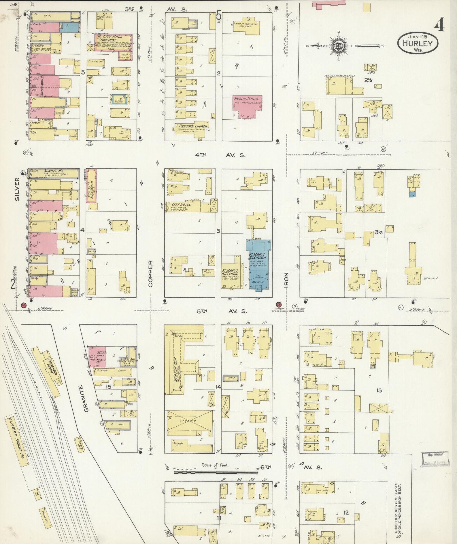 Sanborn Fire Insurance Map from Hurley, Iron County, Wisconsin (1913), Sheet #0004 - Complete Map Set gallery image, historic Sanborn map, vintage wall art, Wisconsin Wisconsin