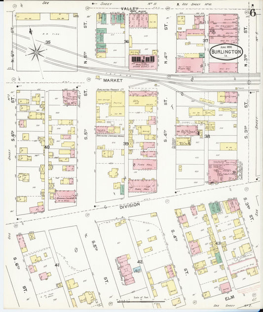 Sanborn Fire Insurance Map from Burlington, Des Moines County, Iowa (1892), Sheet #0006 - Historic Sanborn Fire Insurance Map Print, vintage old map wall art