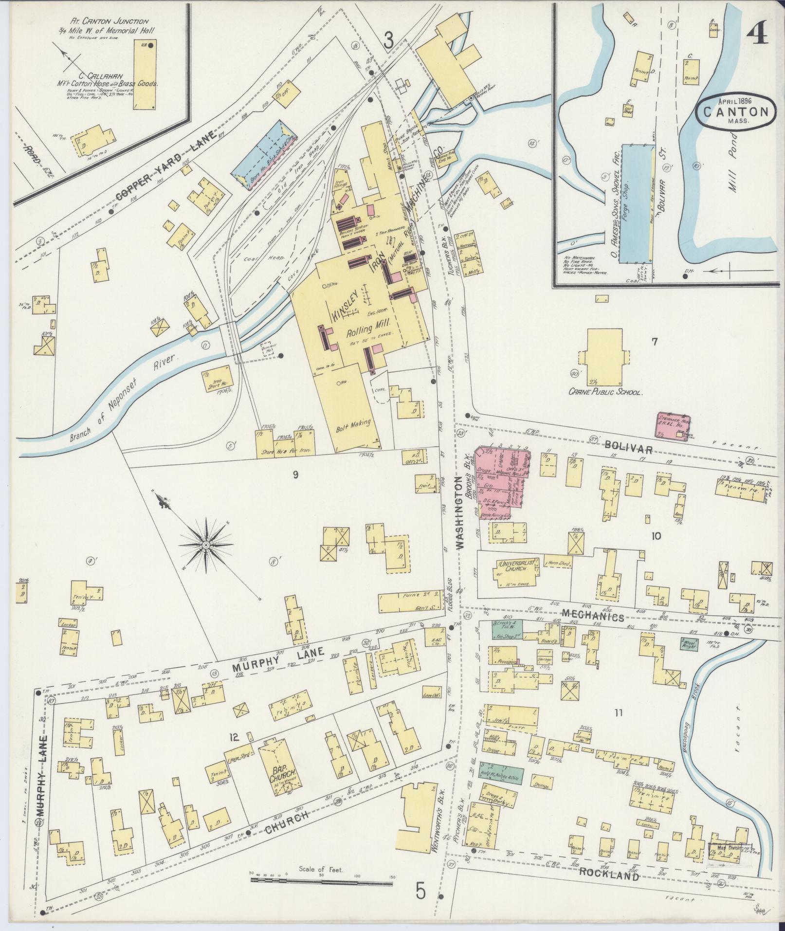 Sanborn Fire Insurance Map from Canton, Norfolk County, Massachusetts (1896), Sheet #0004 - Historic Sanborn Fire Insurance Map Print, vintage old map wall art, antique decor, genealogy gift, Massachusetts Massachusetts map