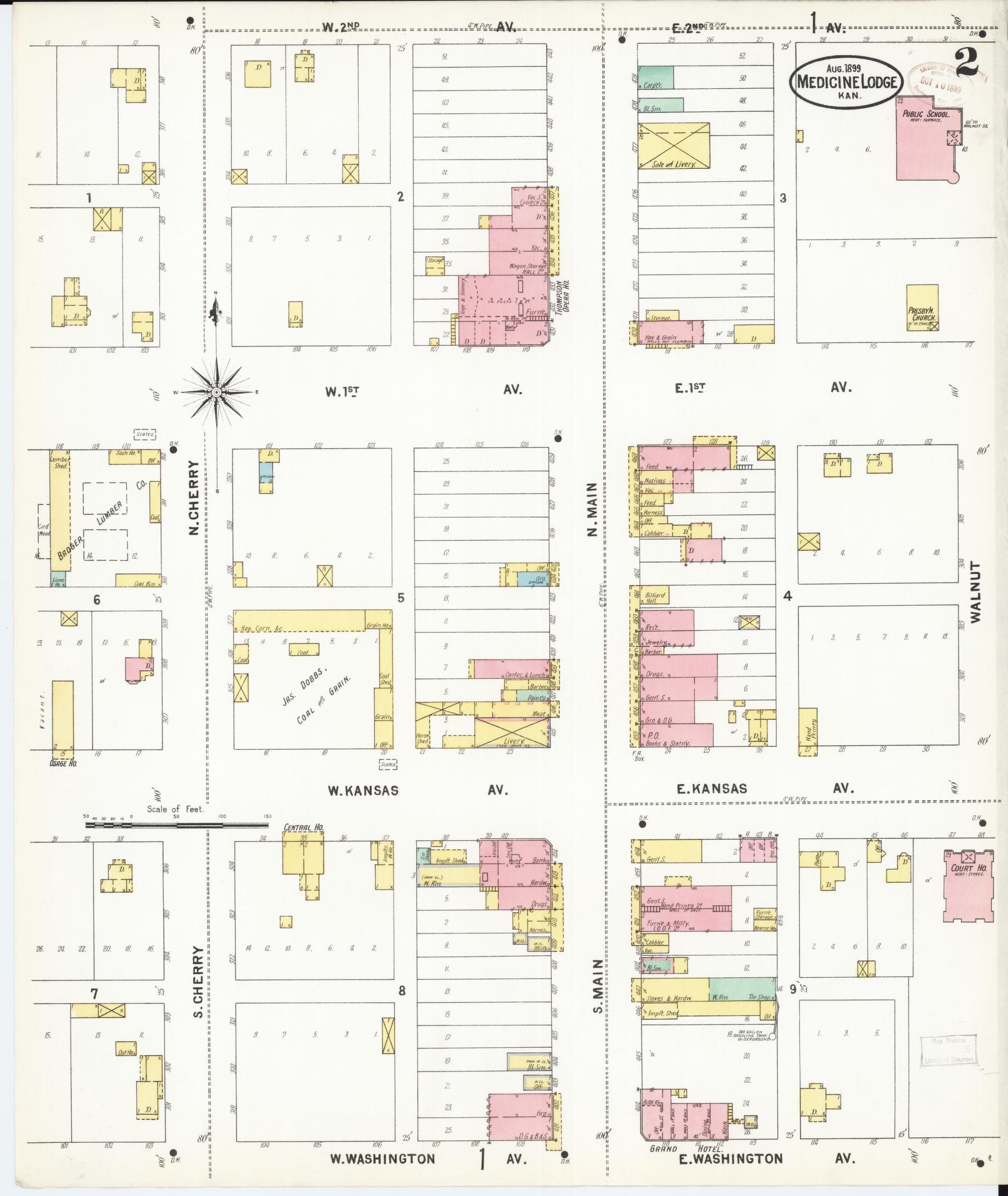 Sanborn Fire Insurance Map from Medicine Lodge, Barber County, Kansas (1899), Sheet #0002 - Historic Sanborn Fire Insurance Map Print, vintage old map wall art, antique decor, genealogy gift, Kansas Kansas map
