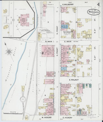 Sanborn Fire Insurance Map from Mankato, Blue Earth County, Minnesota (1889), Sheet #0004 - Historic Sanborn Fire Insurance Map Print, vintage old map wall art, antique decor, genealogy gift, Minnesota Minnesota map