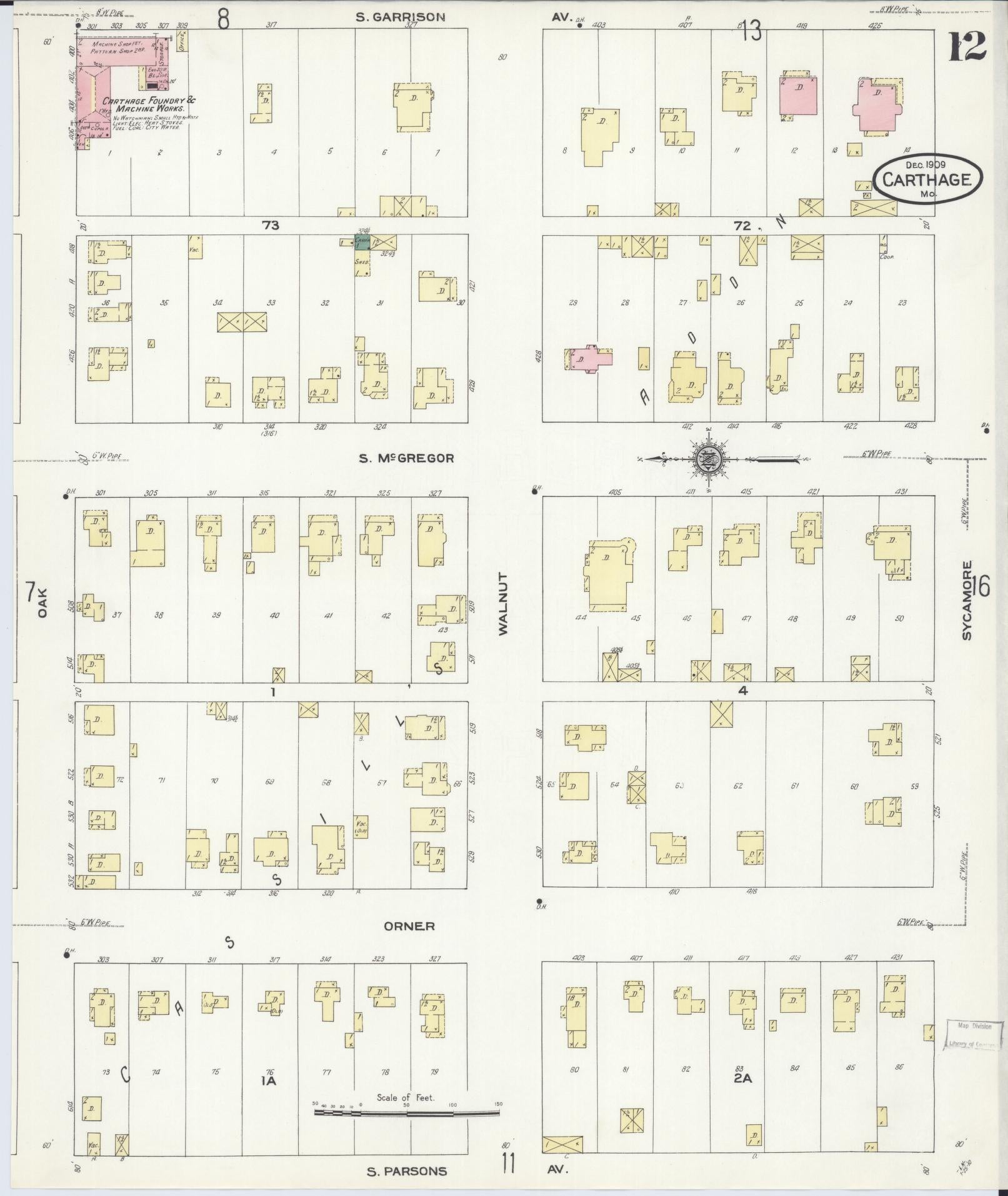 Sanborn Fire Insurance Map from Carthage, Jasper County, Missouri (1909), Sheet #0012 - Complete Map Set gallery image, historic Sanborn map, vintage wall art, Missouri Missouri