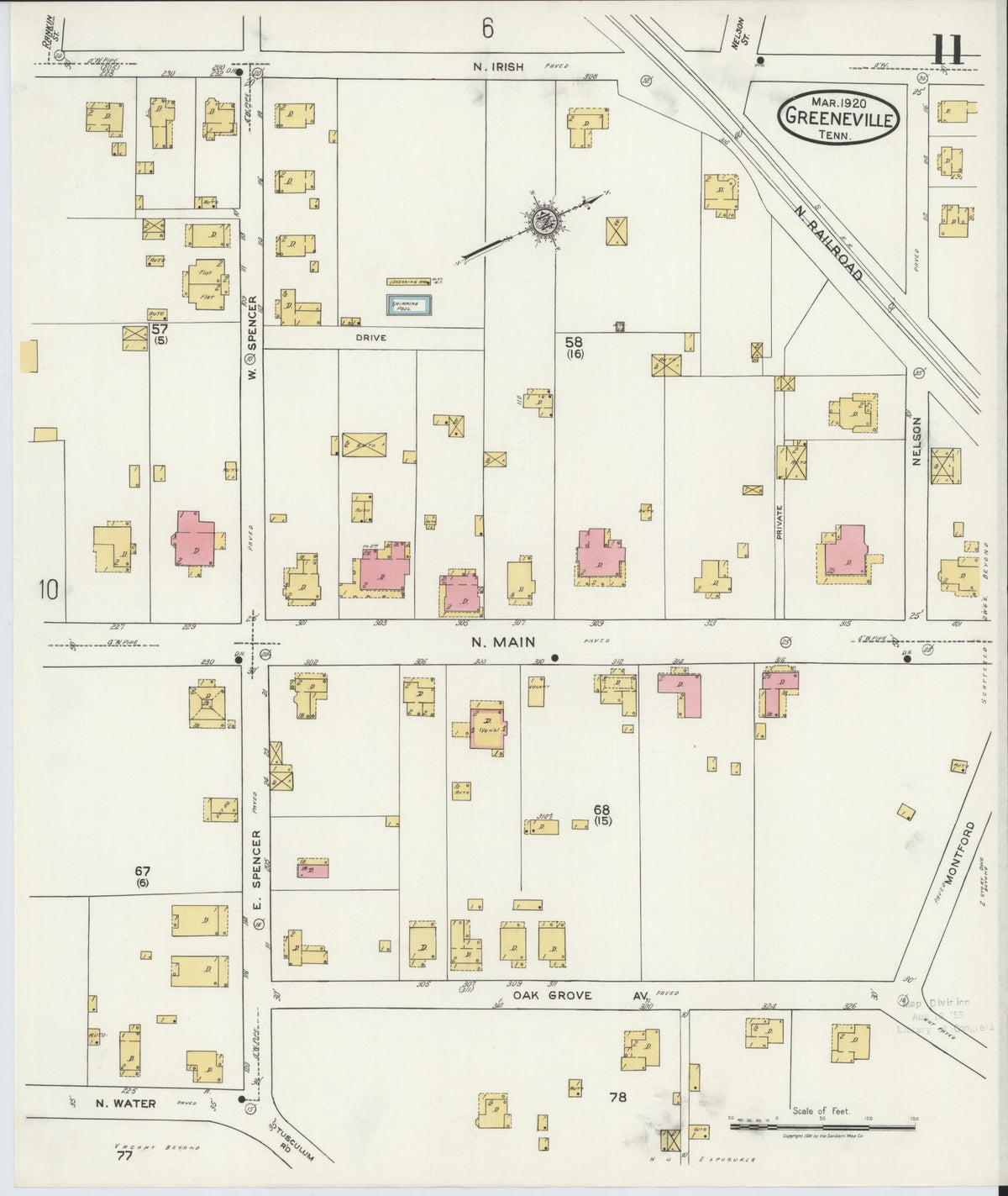 Sanborn Fire Insurance Map from Greeneville, Greene County, Tennessee (1920), Sheet #0011 - Complete Map Set gallery image, historic Sanborn map, vintage wall art, Tennessee Tennessee