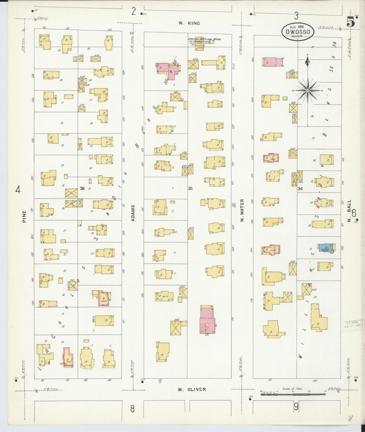 Sanborn Fire Insurance Map from Owosso, Shiawassee County, Michigan (1908), Sheet #0005 - Historic Sanborn Fire Insurance Map Print, vintage old map wall art, antique decor, genealogy gift, Michigan Michigan map