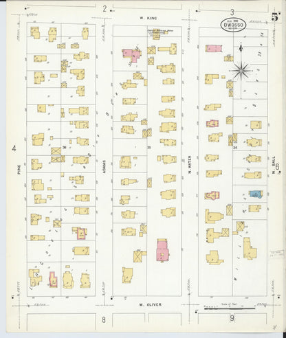 Sanborn Fire Insurance Map from Owosso, Shiawassee County, Michigan (1908), Sheet #0005 - Historic Sanborn Fire Insurance Map Print, vintage old map wall art, antique decor, genealogy gift, Michigan Michigan map