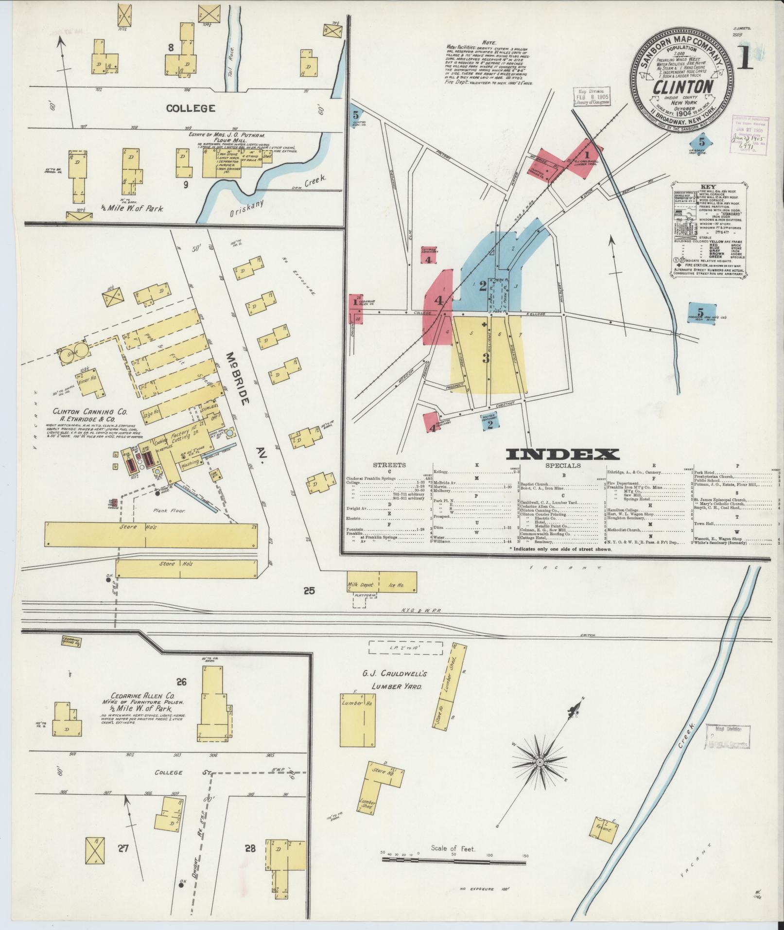 Sanborn Fire Insurance Map from Clinton, Oneida County, New York (1904), Sheet #0001 - Historic Sanborn Fire Insurance Map Print, vintage old map wall art, antique decor, genealogy gift, New York New York map
