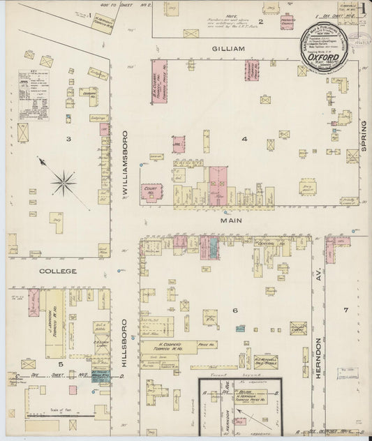 Sanborn Fire Insurance Map from Oxford, Granville County, North Carolina (1885), Sheet #0001 - Historic Sanborn Fire Insurance Map Print, vintage old map wall art, antique decor, genealogy gift, North Carolina North Carolina map