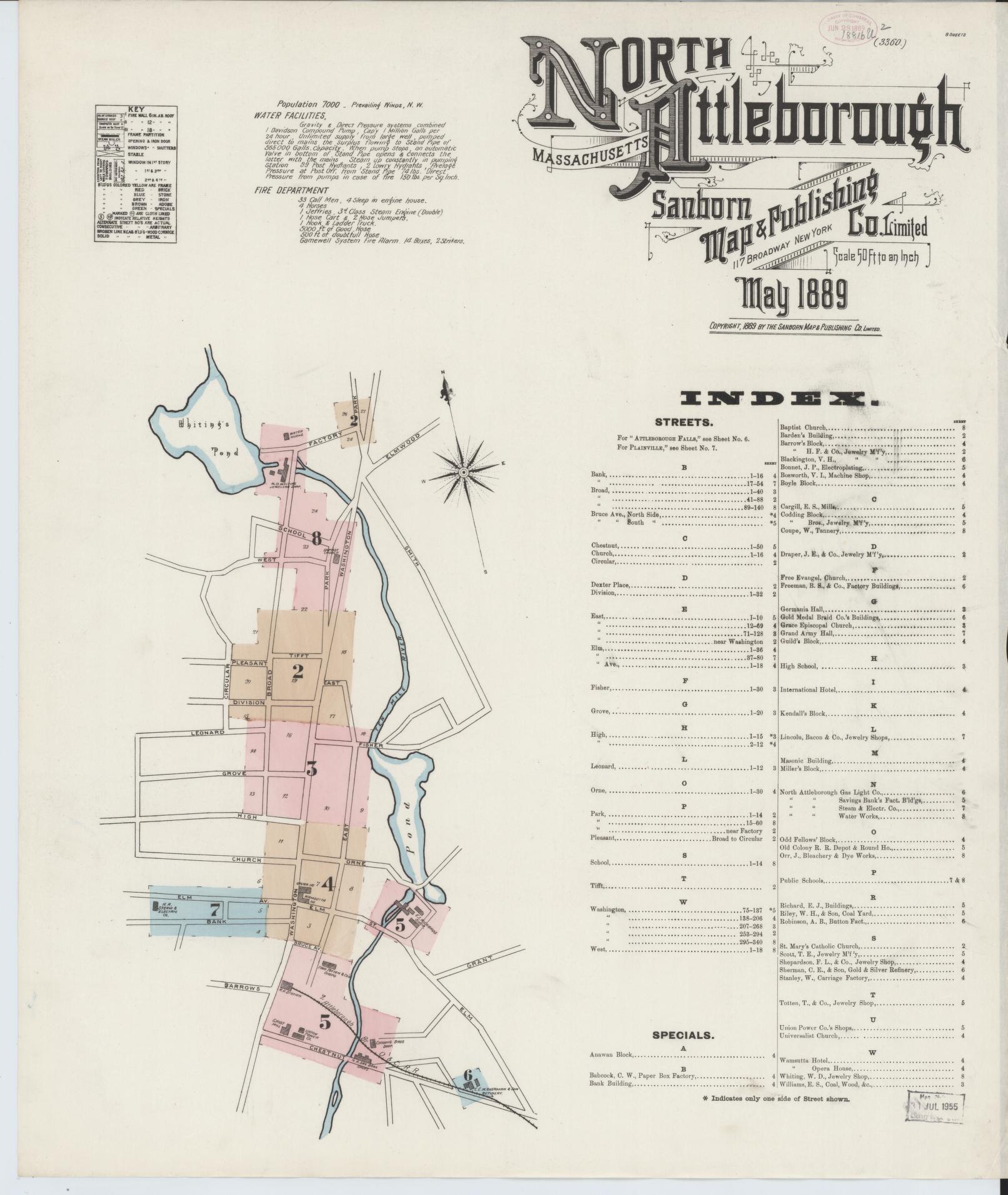 Sanborn Fire Insurance Map from North Attleborough, Bristol County, Massachusetts (1889), Sheet #0001 - Historic Sanborn Fire Insurance Map Print, vintage old map wall art, antique decor, genealogy gift, Massachusetts Massachusetts map