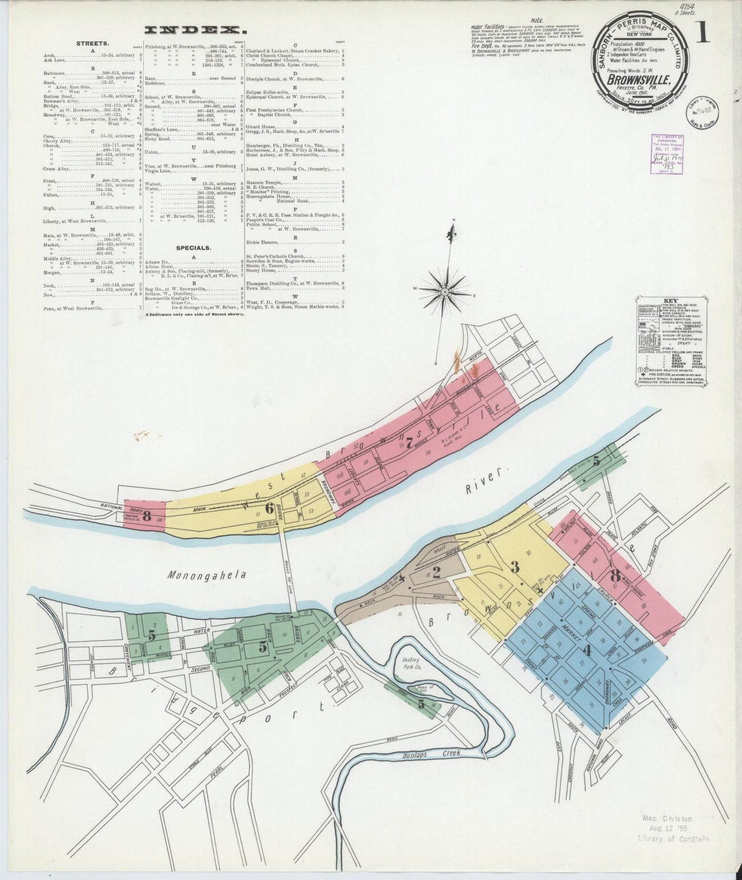 Sanborn Fire Insurance Map from Brownsville, Fayette County, Pennsylvania (1901), Sheet #0001 - Historic Sanborn Fire Insurance Map Print, vintage old map wall art, antique decor, genealogy gift, Pennsylvania Pennsylvania map